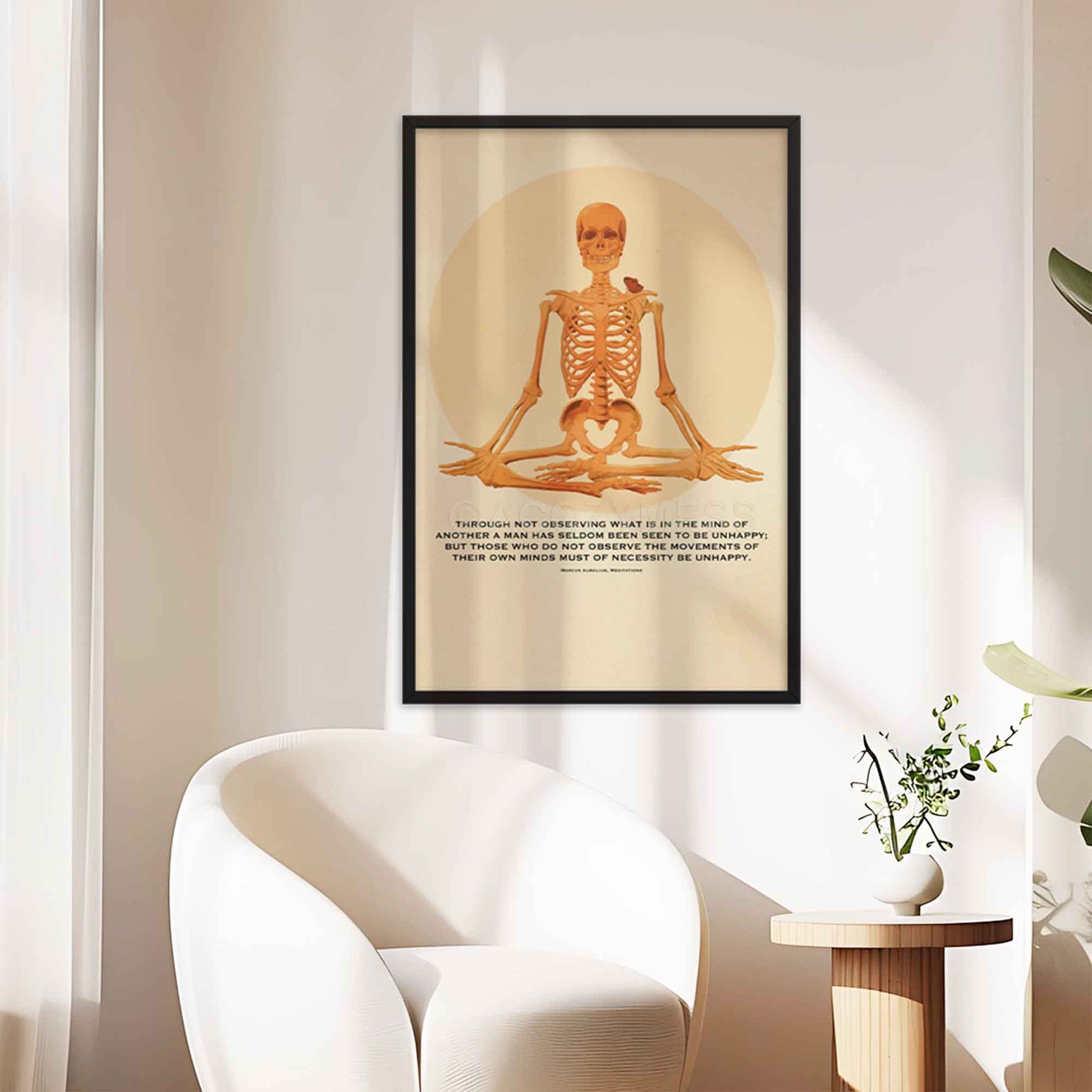 Stoic wall art with meditating skeleton illustration with Marcus Aurelius Quote on observing ones own mind, in black frame.