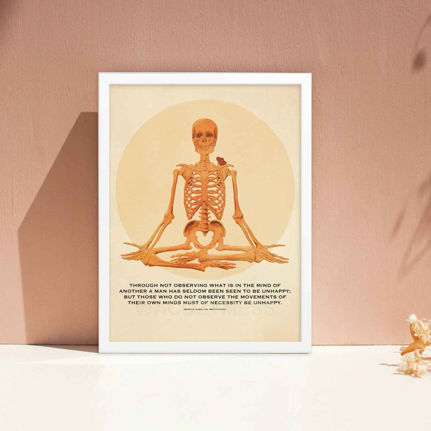 Poster featuring a meditative skeleton illustration and the Marcus Aurelius quote, Seldom are any found unhappy, blending Stoic philosophy with bold thought provoking art,  in white frame.