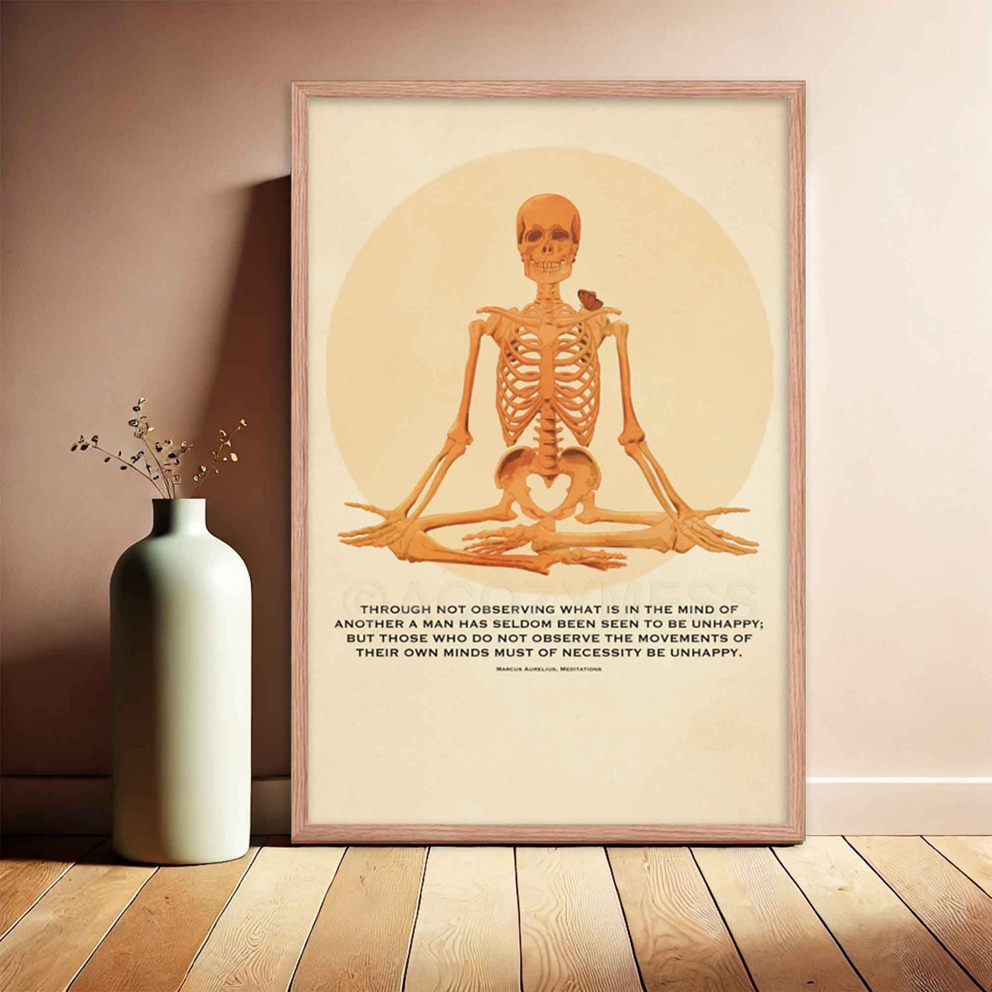 Poster featuring a meditative skeleton illustration and the Marcus Aurelius quote, Seldom are any found unhappy, blending Stoic philosophy with bold thought provoking art,  in oakwood frame.