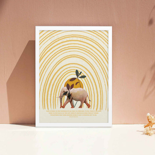 Marcus Aurelius poster with a quote on being attuned with nature, featuring an elephant in a sunny tropical scene, displayed in a white frame.