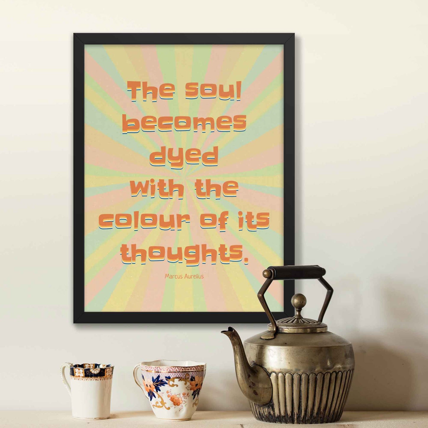 Marcus Aurelius poster with quote n thoughts displayed in black frame