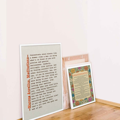 Be Like Roman, Marcus Aurelius Poster, brown, orange on beige displayed in white frame