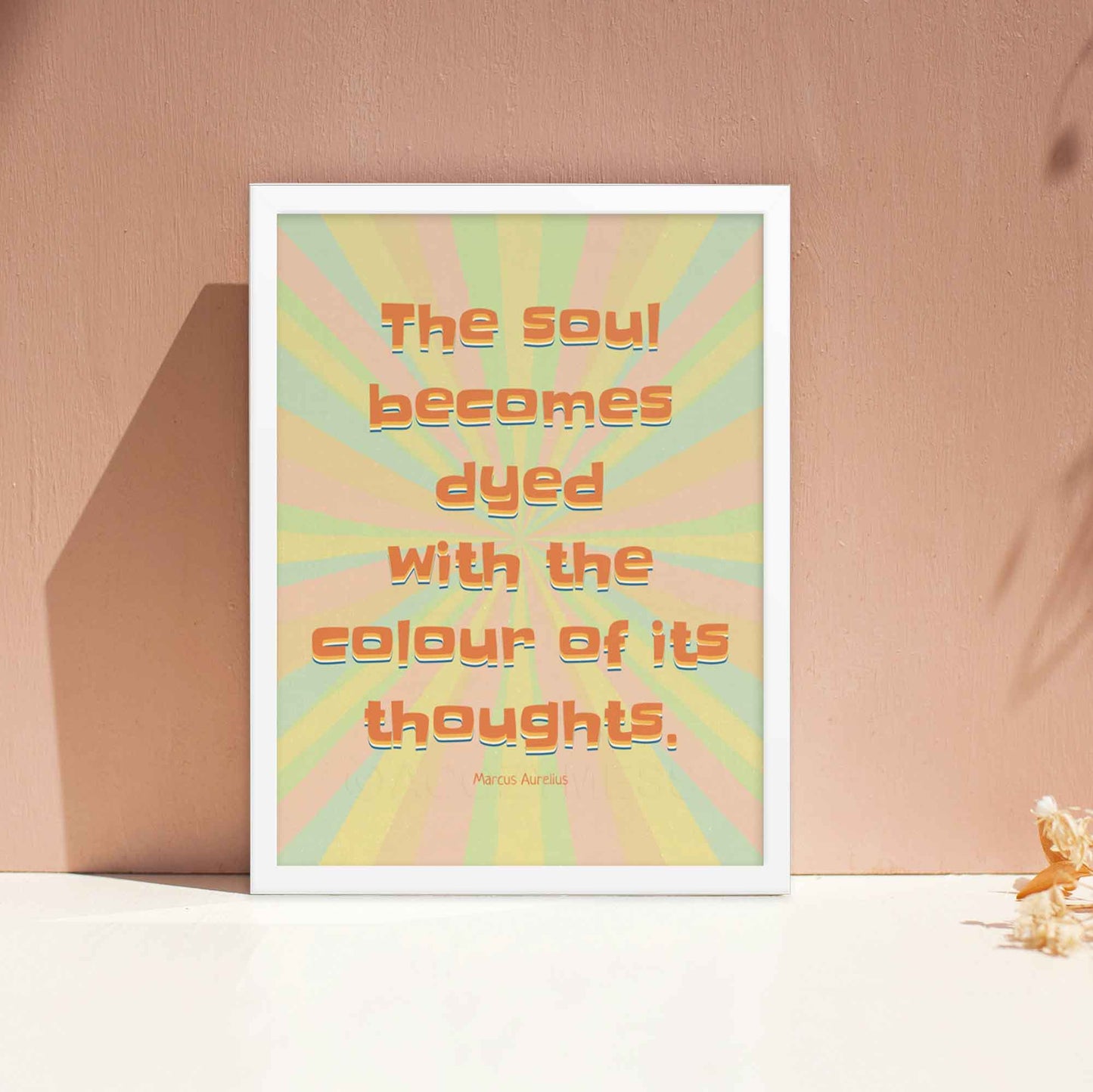 Marcus Aurelius poster with quote n thoughts displayed in white frame