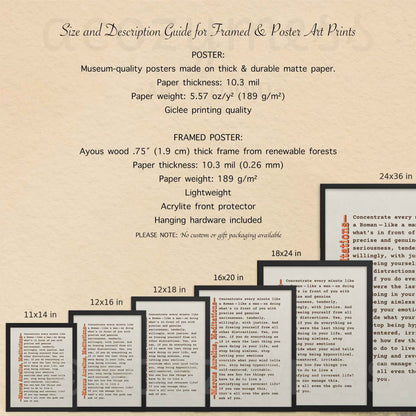 11x14, 12x16, 12x18, 16x20, 18x24, 20x30 framed and unframed poster options description guide for stoic poster