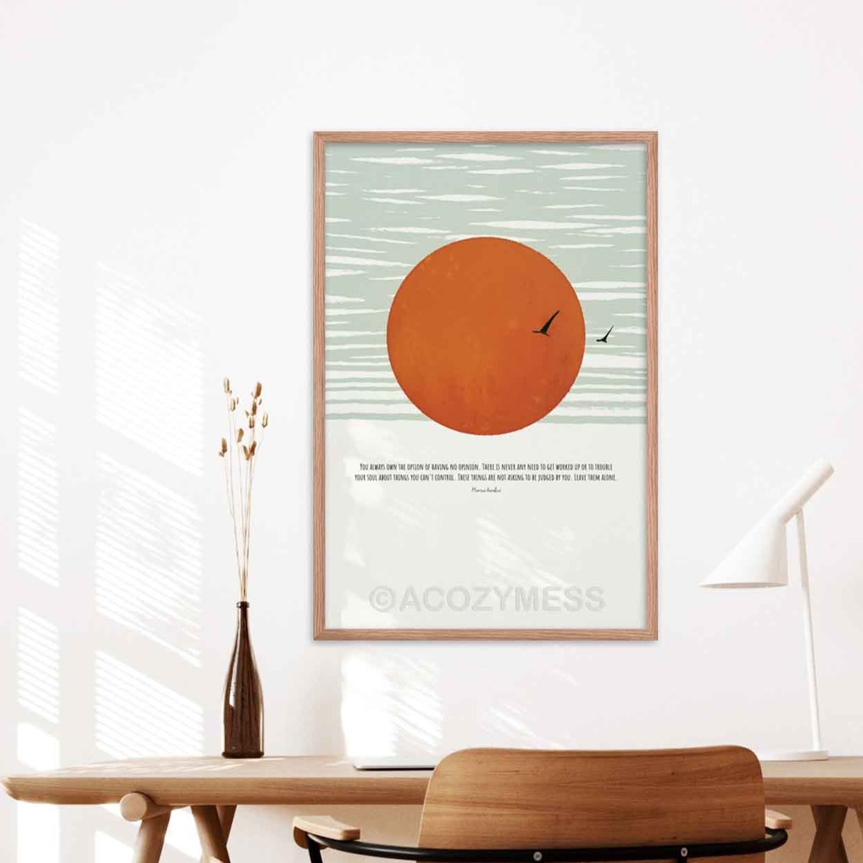 Marcus Aurelius Poster with quote on opinion with art of flying birds and sun in blue abstract sky, in oakwood frame.