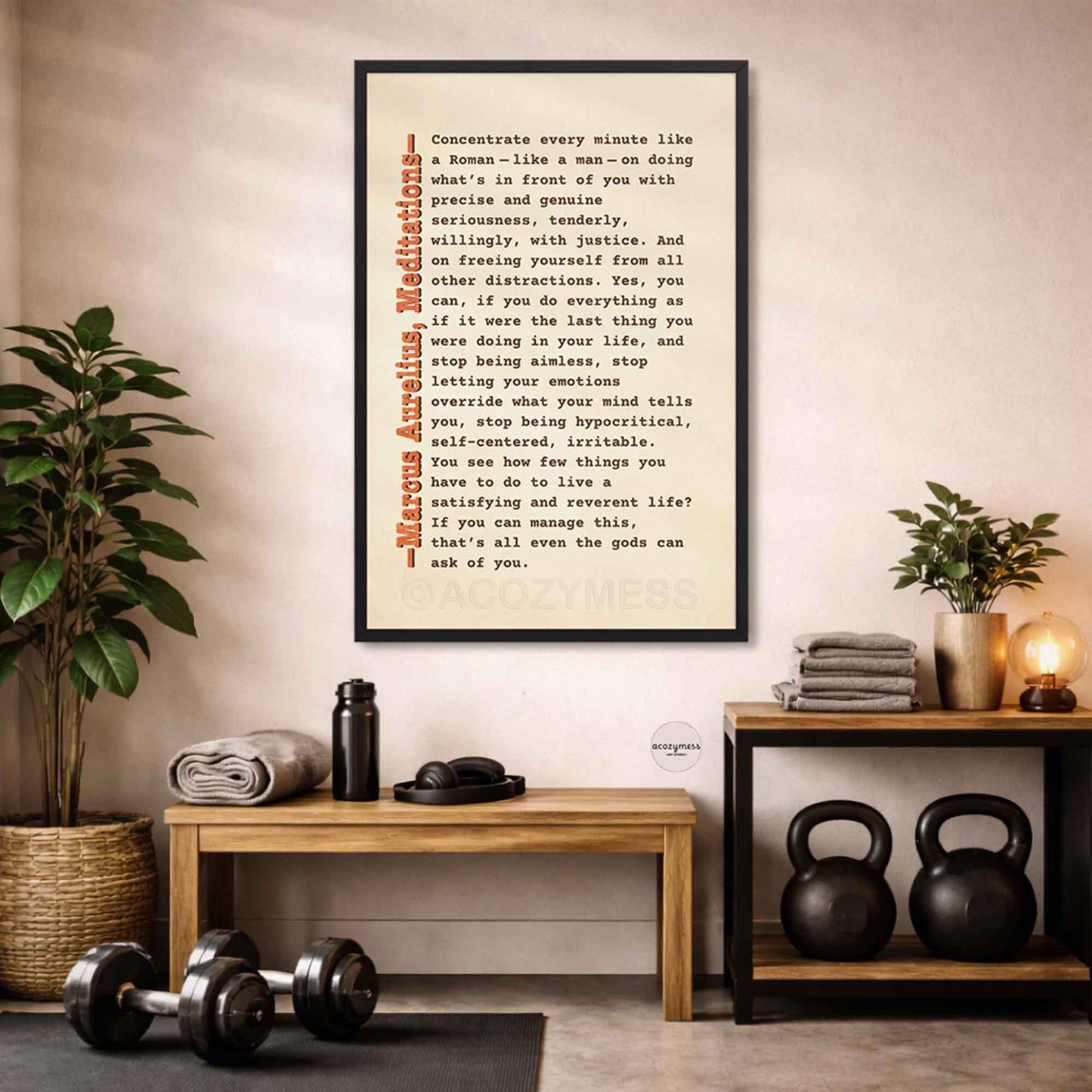 Modern beige philosophy print in black frame for gym décor