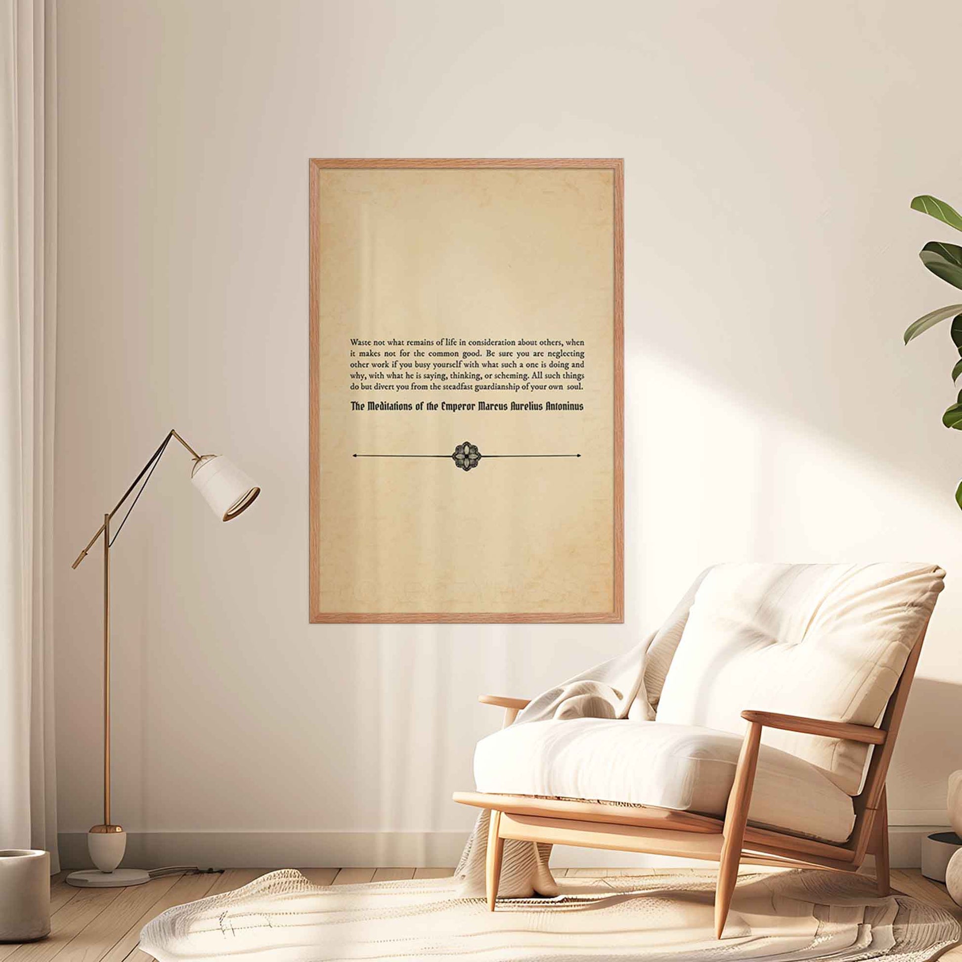 A vintage-style poster featuring a Marcus Aurelius quote on an aged book paper background for mindful spaces