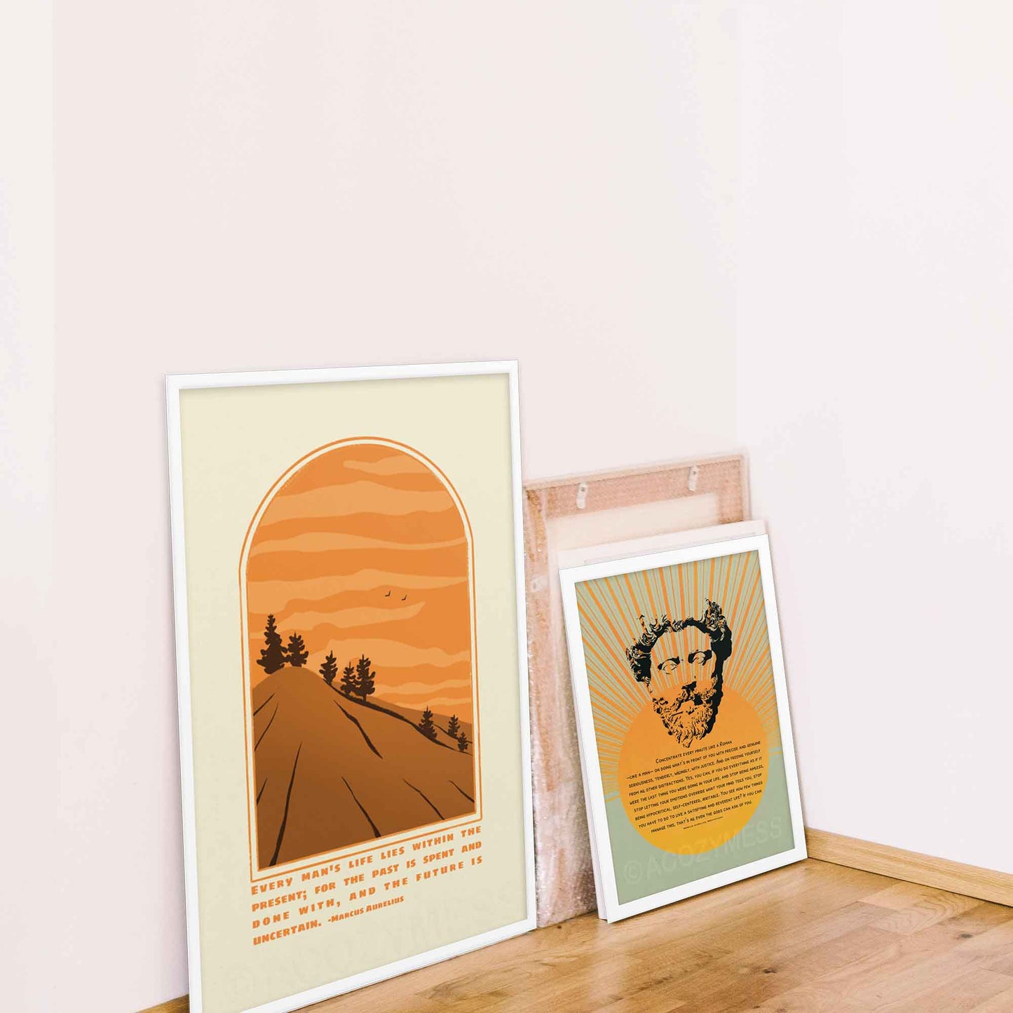 Marcus Aurelius Poster with quote on present moment with an illustration of a scenic mountain  view in beige, brown and orange colors displayed in white frame.