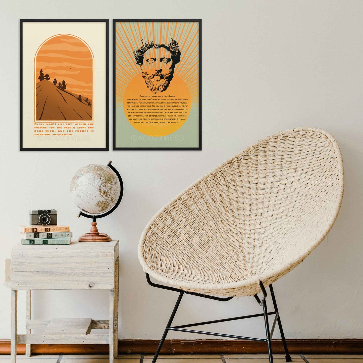 Marcus Aurelius Poster with quote on present moment with an illustration of a scenic mountain  view in beige, brown and orange colors displayed in black frame.