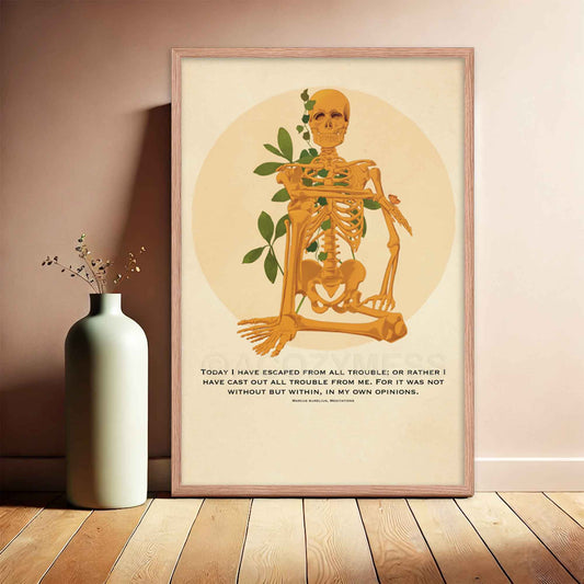 Sitting skeleton illustration paired with Marcus Aurelius' quote, Today I have escaped from all trouble, from Meditations, blending Stoic philosophy and bold art, in oakwood frame.