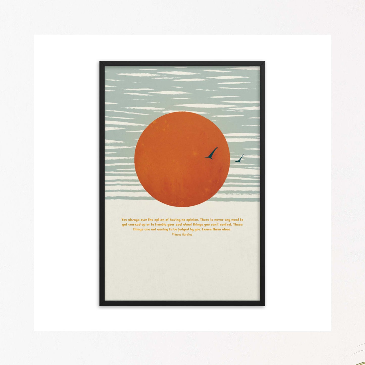 Marcus Aurelius Art Print with sun illustration in black frame.