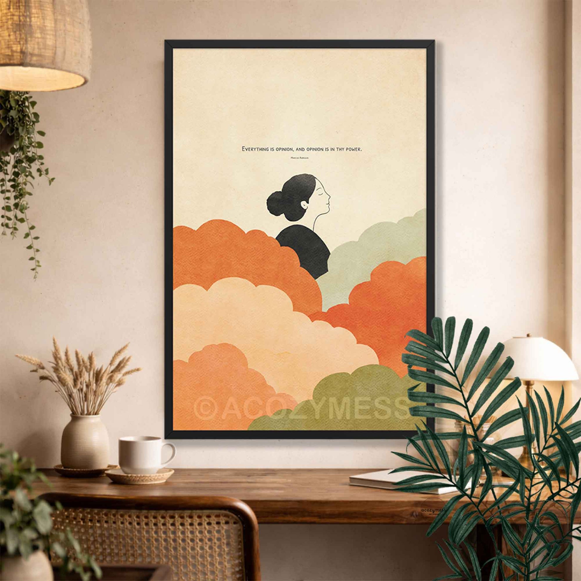 Black Framed artwork of a woman with clouds and Marcus Aurelius quote on opinion and thy power, on a wall in a home setting