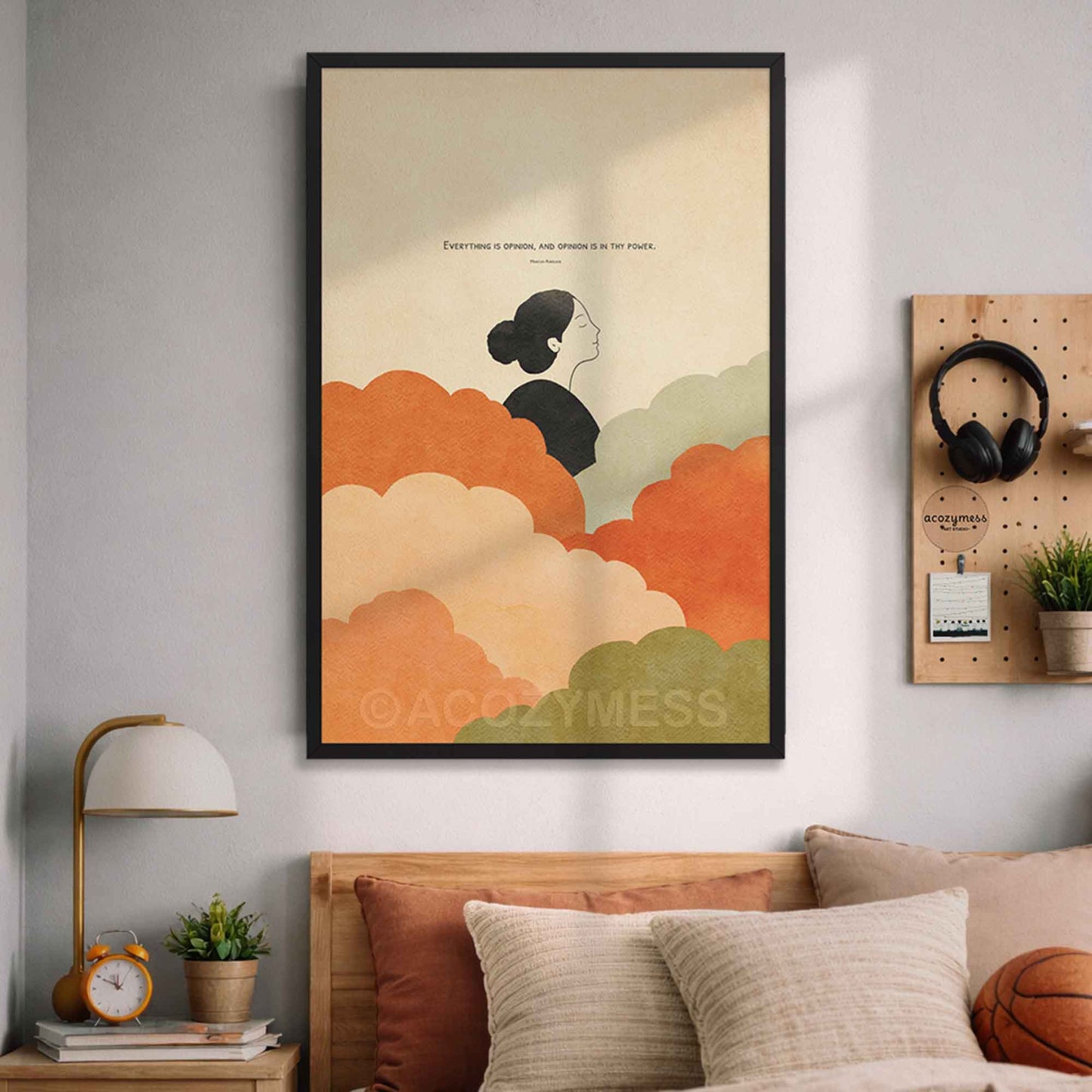 Stoic  Framed wall art  of a woman among clouds with Marcus Aurelius quote on opinion and inner power, in a bedroom room setting.
