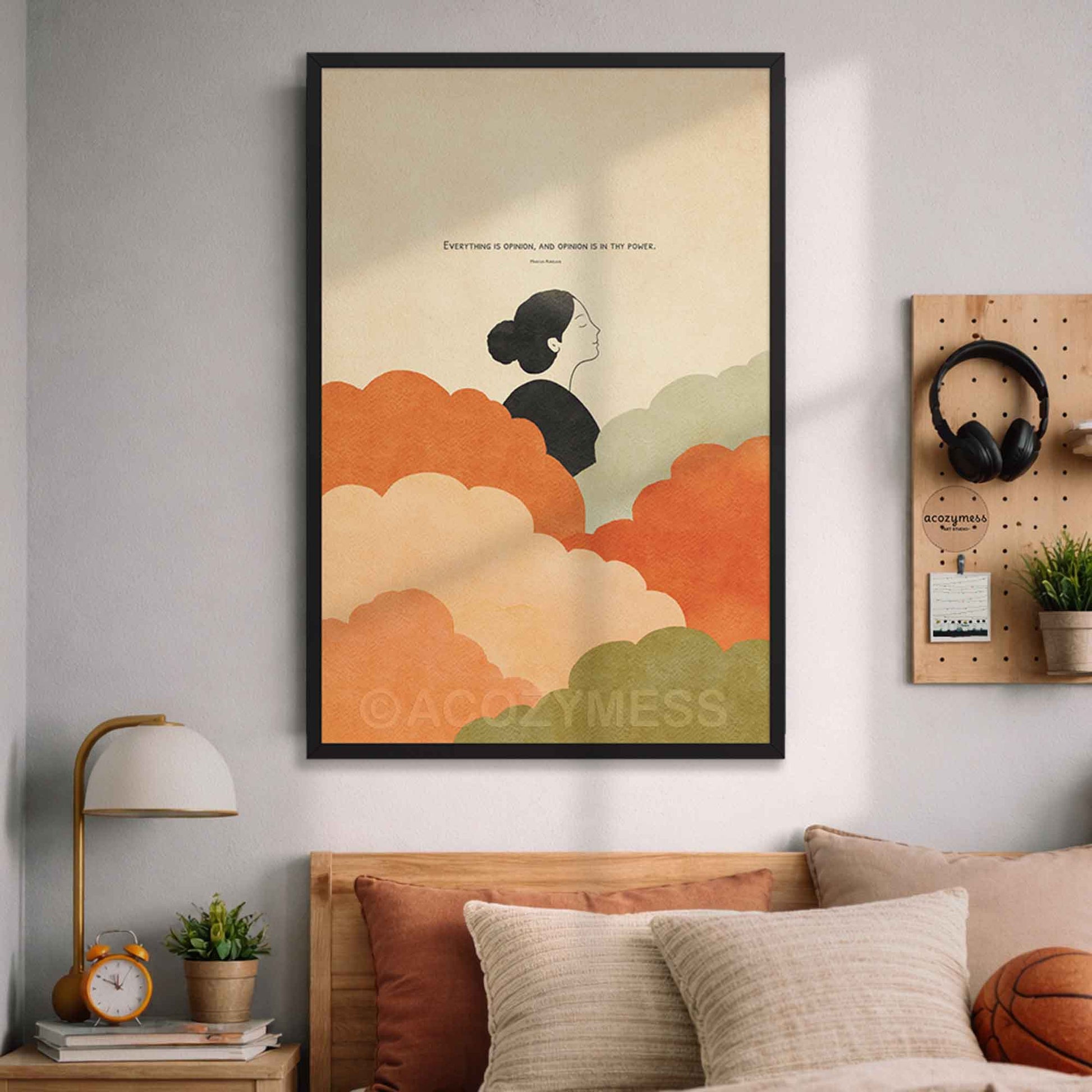 Stoic  Framed wall art  of a woman among clouds with Marcus Aurelius quote on opinion and inner power, in a bedroom room setting.