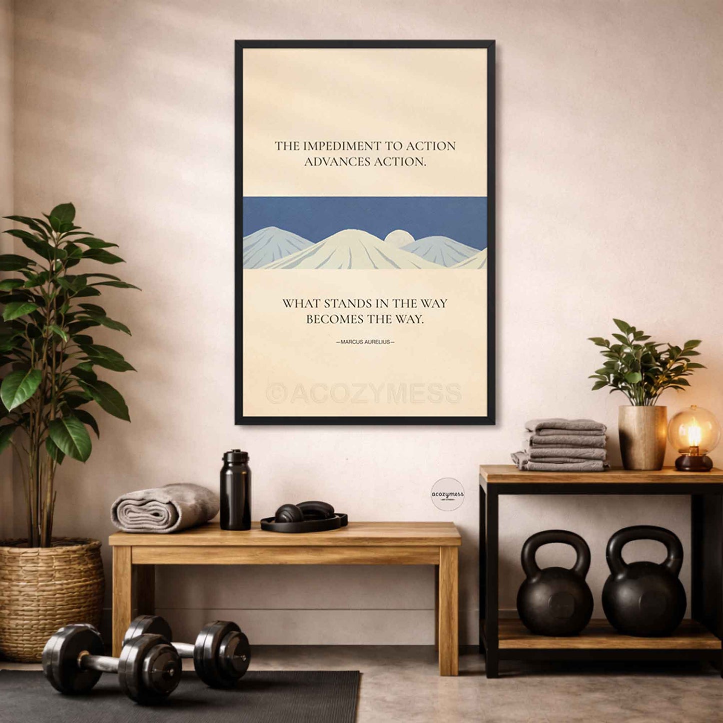 Marcus Aurelius Motivational poster in a home gym setting with plants and exercise equipment.