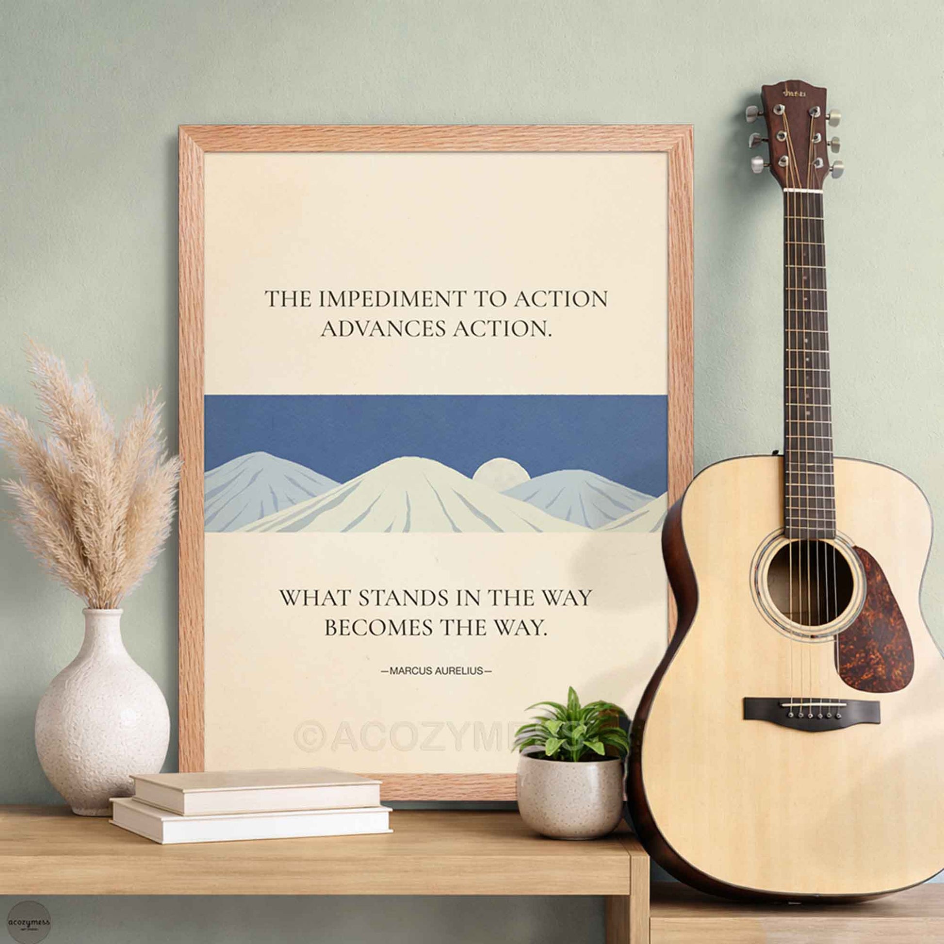 Stoic philosophy poster framed in natural oakwood featuring mountain illustration