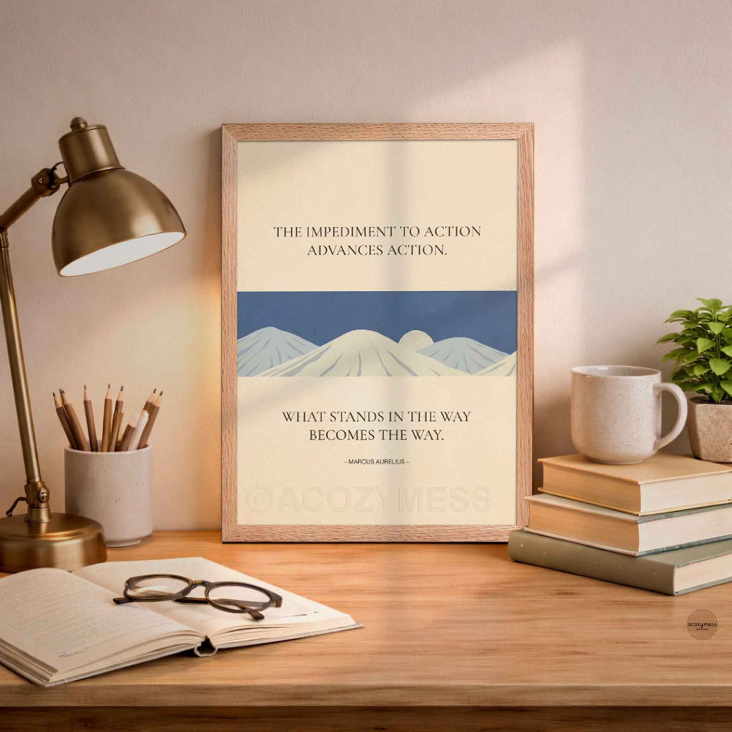 Stoic philosophy poster framed in natural oakwood featuring mountain illustration.
