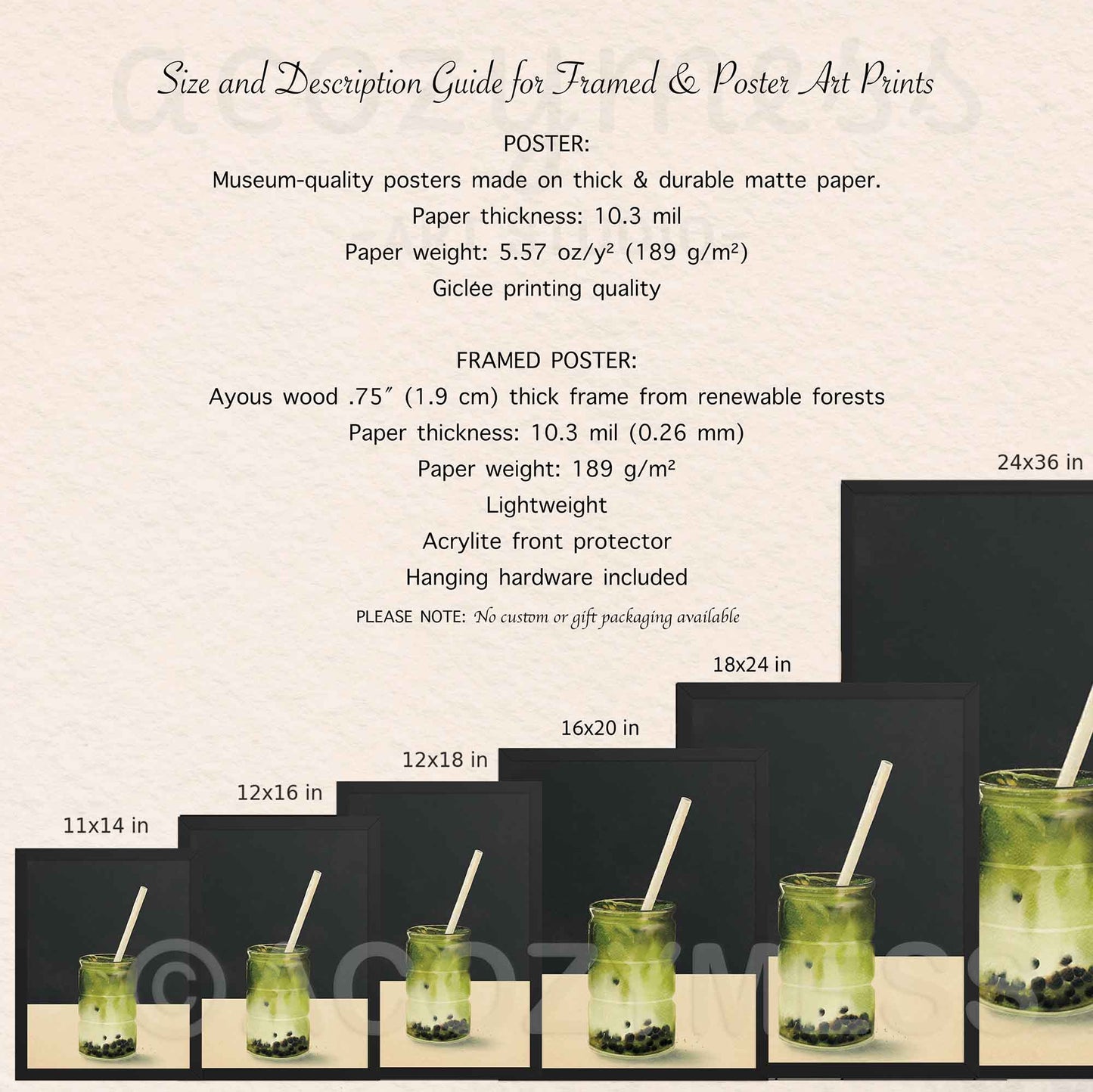 Size and description guide for framed and poster art prints with a sample design of matcha art.