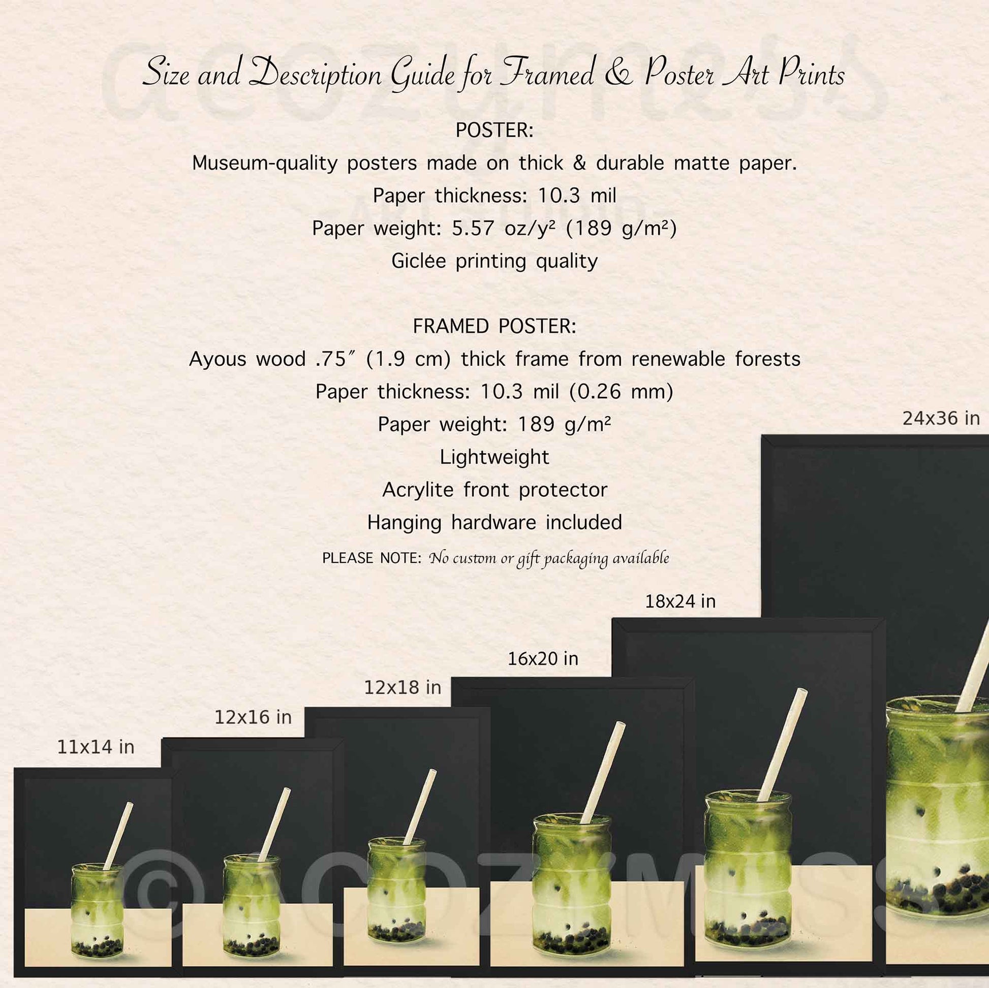 Size and description guide for framed and poster art prints with a sample design of matcha art.