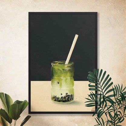 Gallery-style matcha boba poster in a black frame, high-contrast modern food art in dark gray and beige.