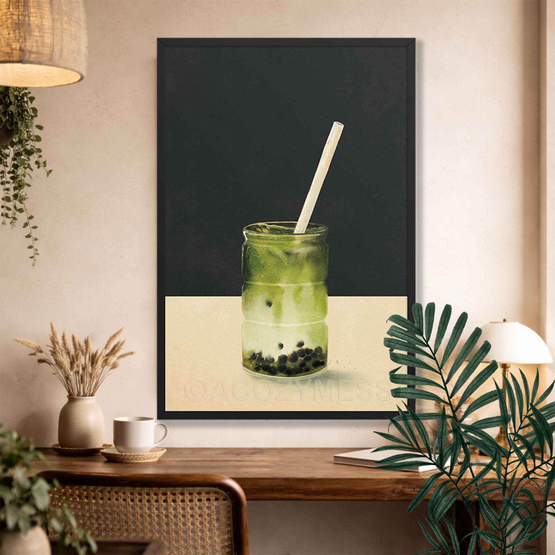Contemporary matcha latte print in black frame—matcha drink with boba pearls on dark gray and beige backdrop.