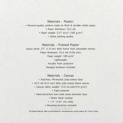 Display of poster dimensions and product details in clean typography.
