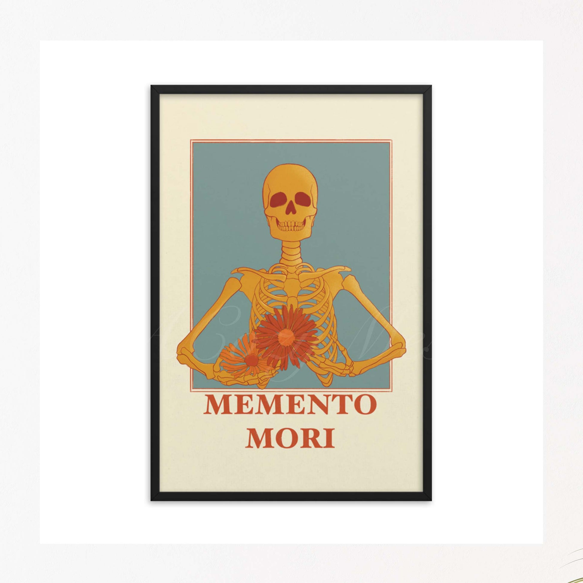 A memento mori art piece in beige blue, yellow & orange hues, featuring a skeleton carrying colorful flowers in black frame
