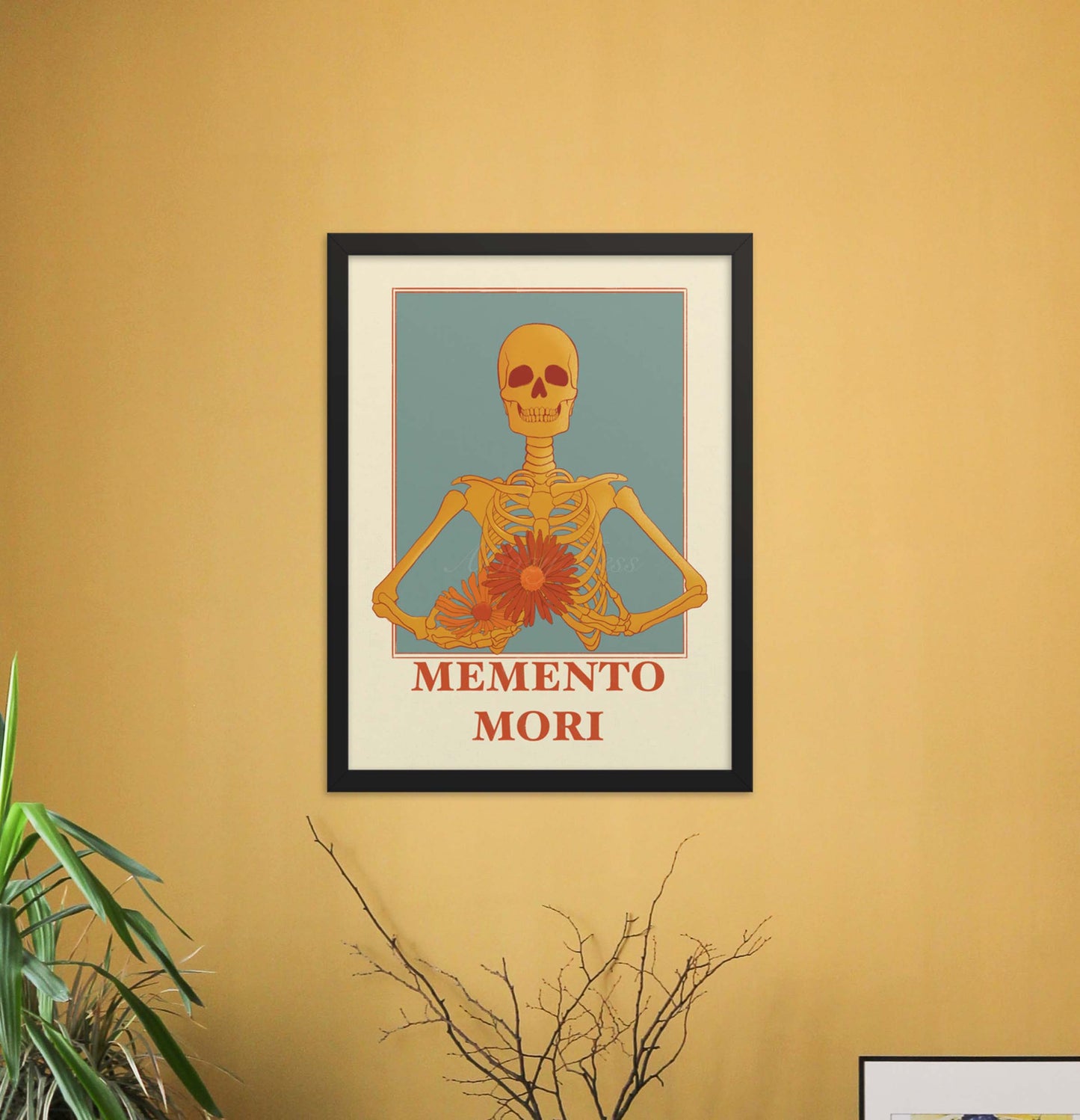 A memento mori art piece in beige blue, yellow & orange hues, featuring a skeleton carrying colorful flowers in black frame