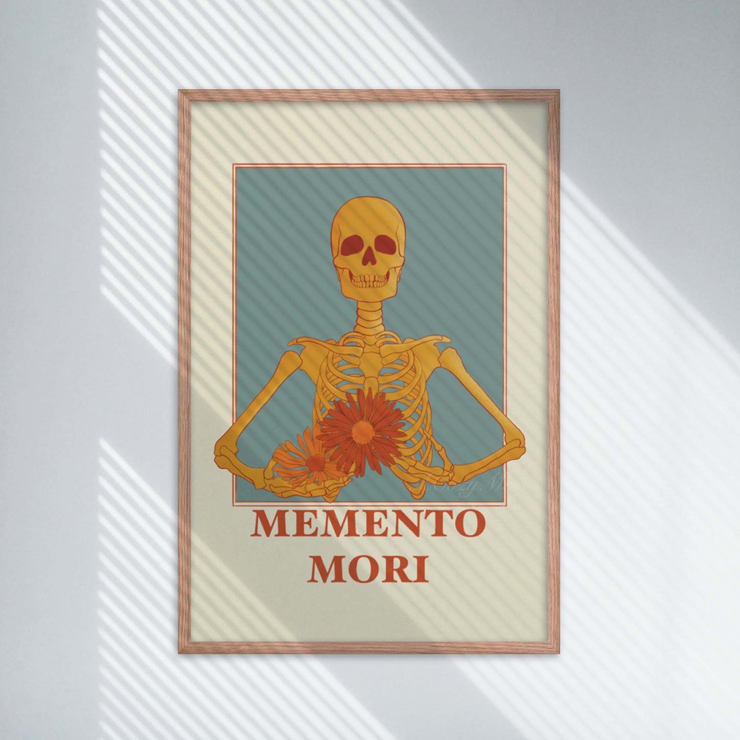 A memento mori art piece in beige blue, yellow & orange hues, featuring a skeleton carrying colorful flowers in oak frame