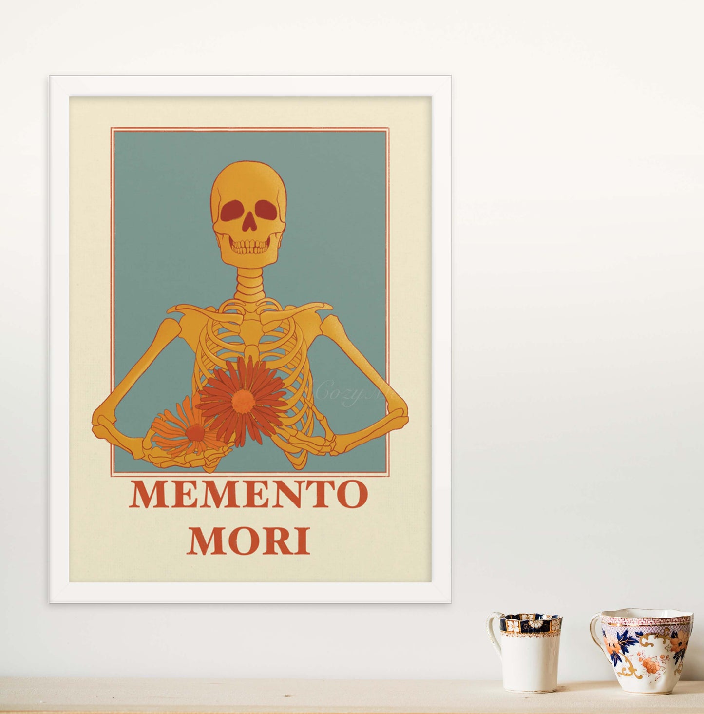 A memento mori art piece in beige blue, yellow & orange hues, featuring a skeleton carrying colorful flowers in white frame