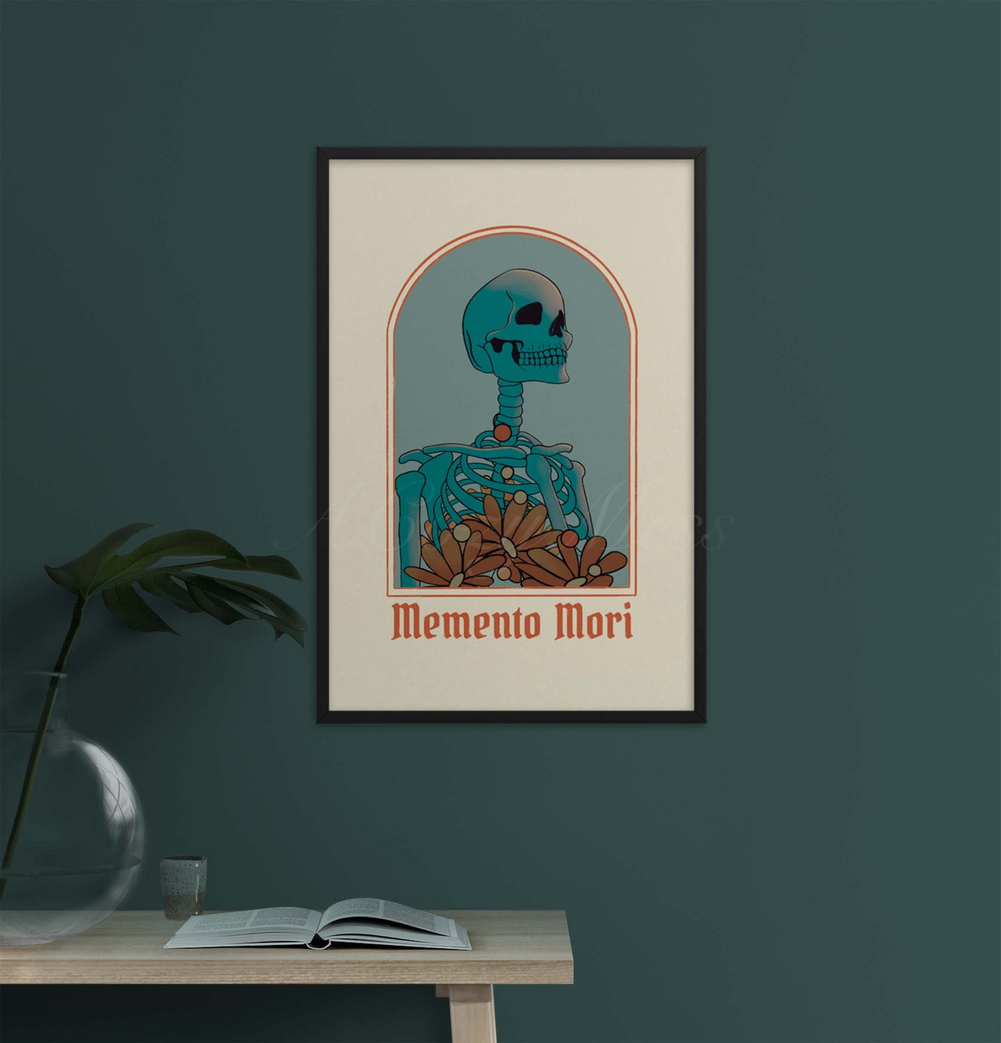 An art poster featuring a striking skeleton illustration with the words 'Memento Mori,' inviting reflection on mortality and the transient nature of life in blue, beige & orange hues. The print is framed in black frame.