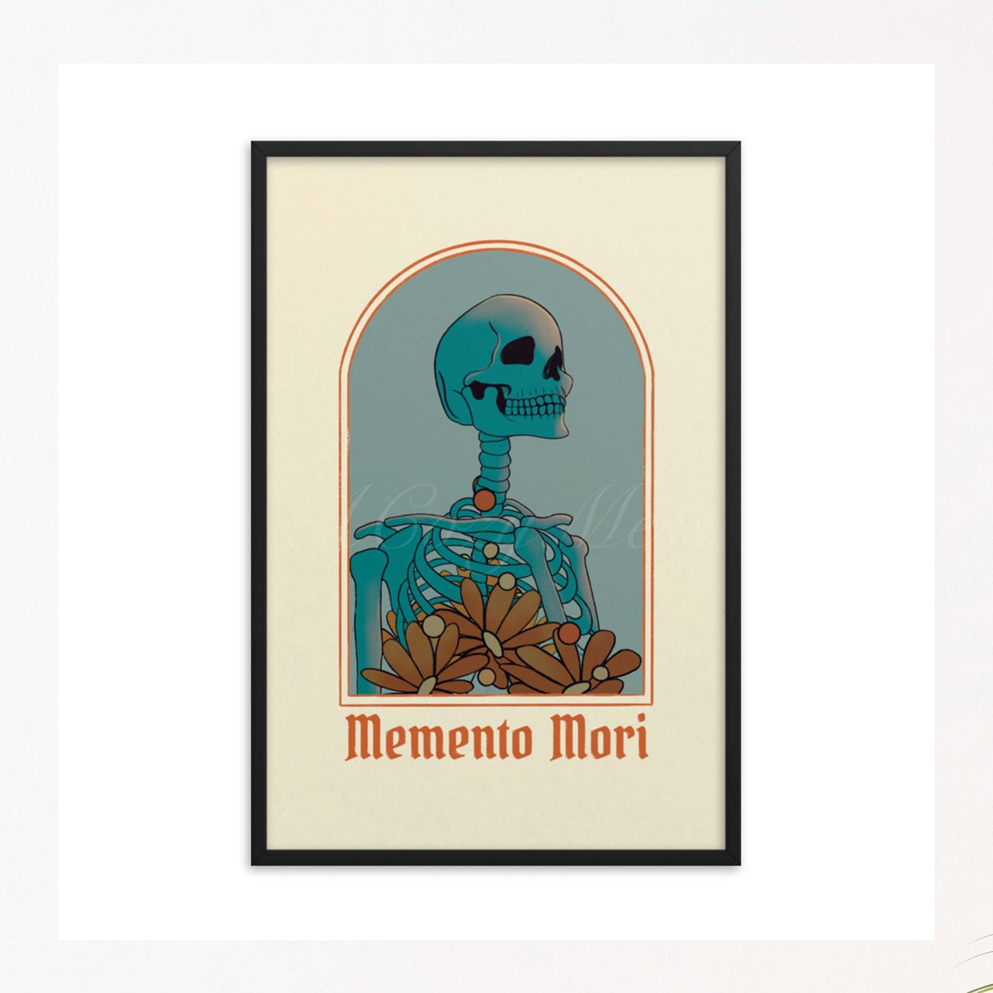 An art poster featuring a striking skeleton illustration with the words 'Memento Mori,' inviting reflection on mortality and the transient nature of life in blue, beige & orange hues. The poster is framed in black frame.