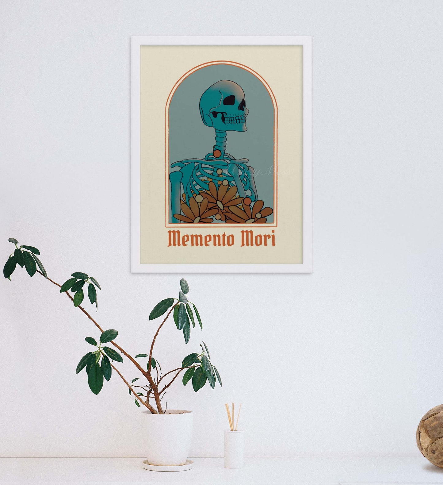 An art poster featuring a striking skeleton illustration with the words 'Memento Mori,' inviting reflection on mortality and the transient nature of life in blue, beige & orange hues. The poster is framed in white frame.