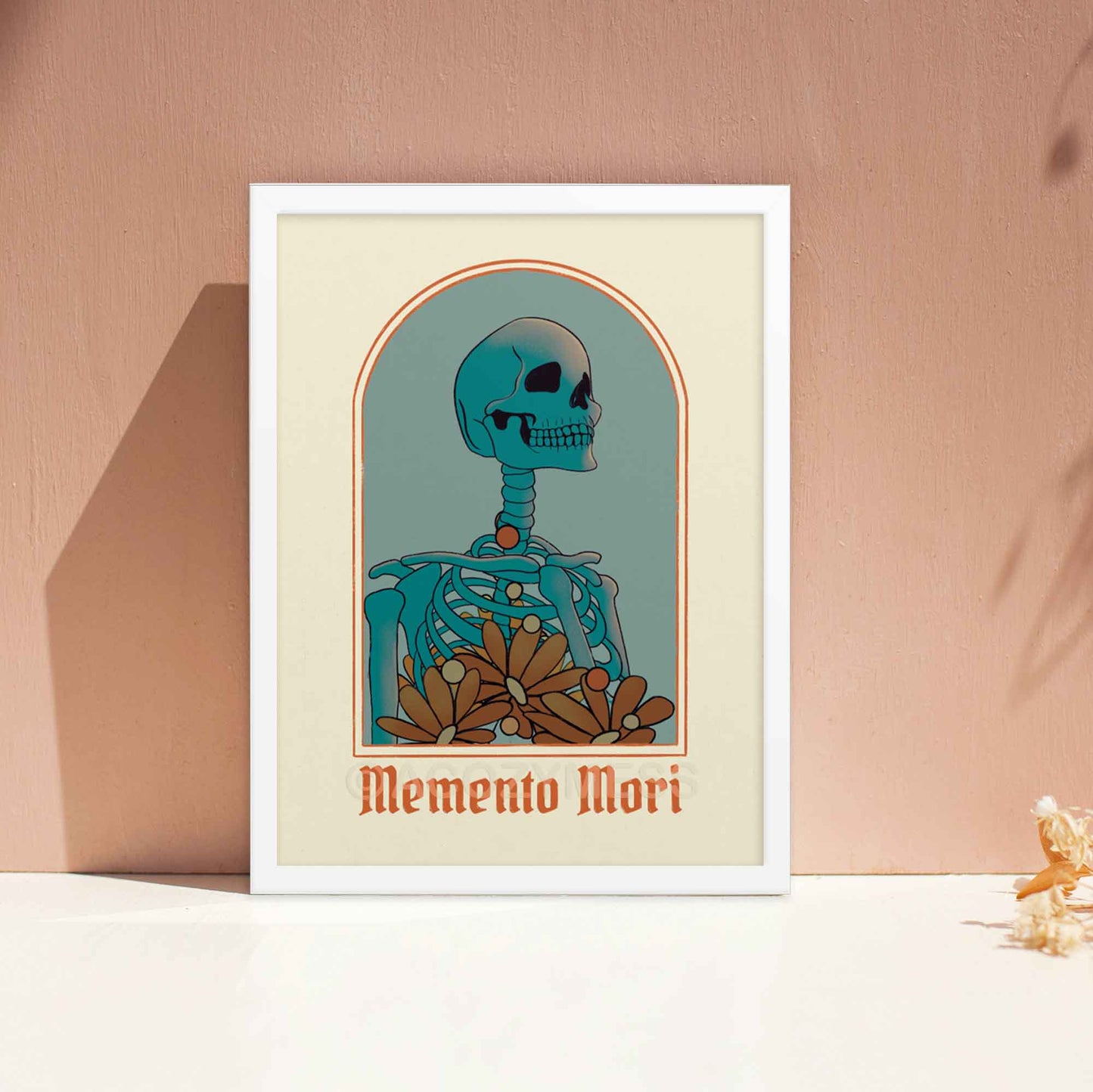 Memento Mori poster featuring a striking skeleton illustration inviting reflection on mortality and the transient nature of life in blue, beige & orange hues. The print is framed in white frame.