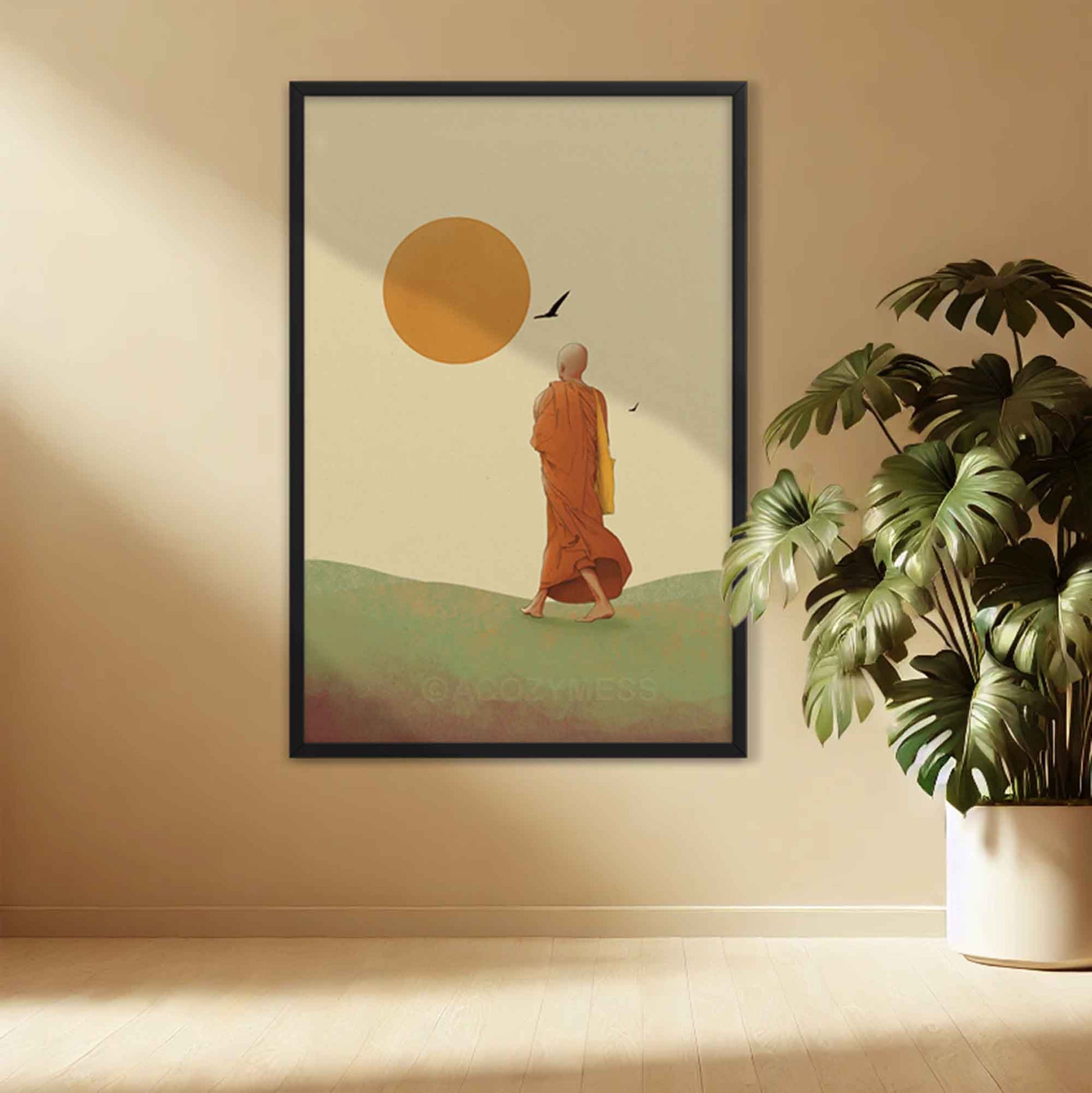 Zen Wall art featuring a monk walking towards the sun, symbolizing the journey towards inner peace and enlightenment in earthly hues of green ywellow and orange on beige background framed in black