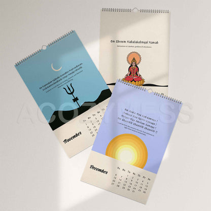 Three calendar pages showing illustrations and mantra