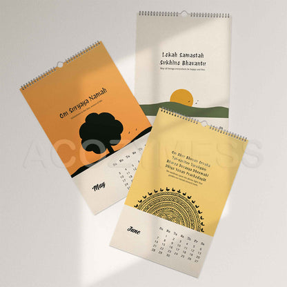 Three calendar pages showing illustrations and mantras including gayatri mantra 