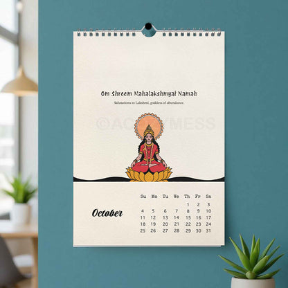 Calendar with a deity illustration on a blue wall