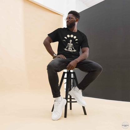 Man wearing a black t-shirt with a graphic design of skeleton and moon phase
