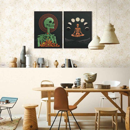 Meditating skeleton wall art with moon cycles in black frame, adding contrast and depth to the dark celestial theme.