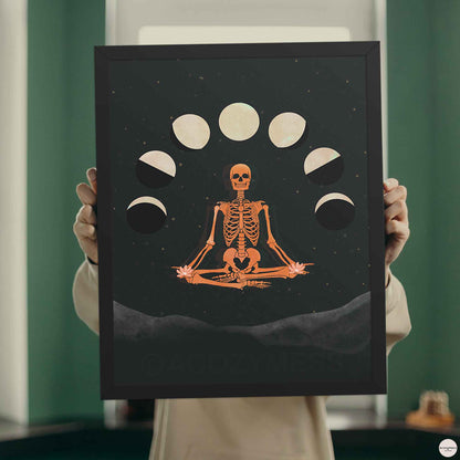 Spiritual skeleton wall art with moon cycles in black frame, adding contrast and depth to the dark celestial theme.