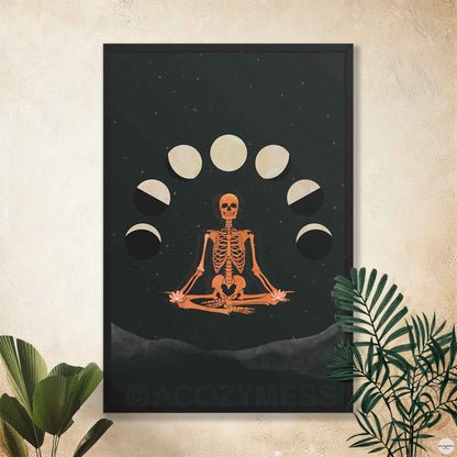 24x36 Spiritual skeleton wall art poster with moon cycles in black frame, adding contrast and depth to the dark celestial theme.