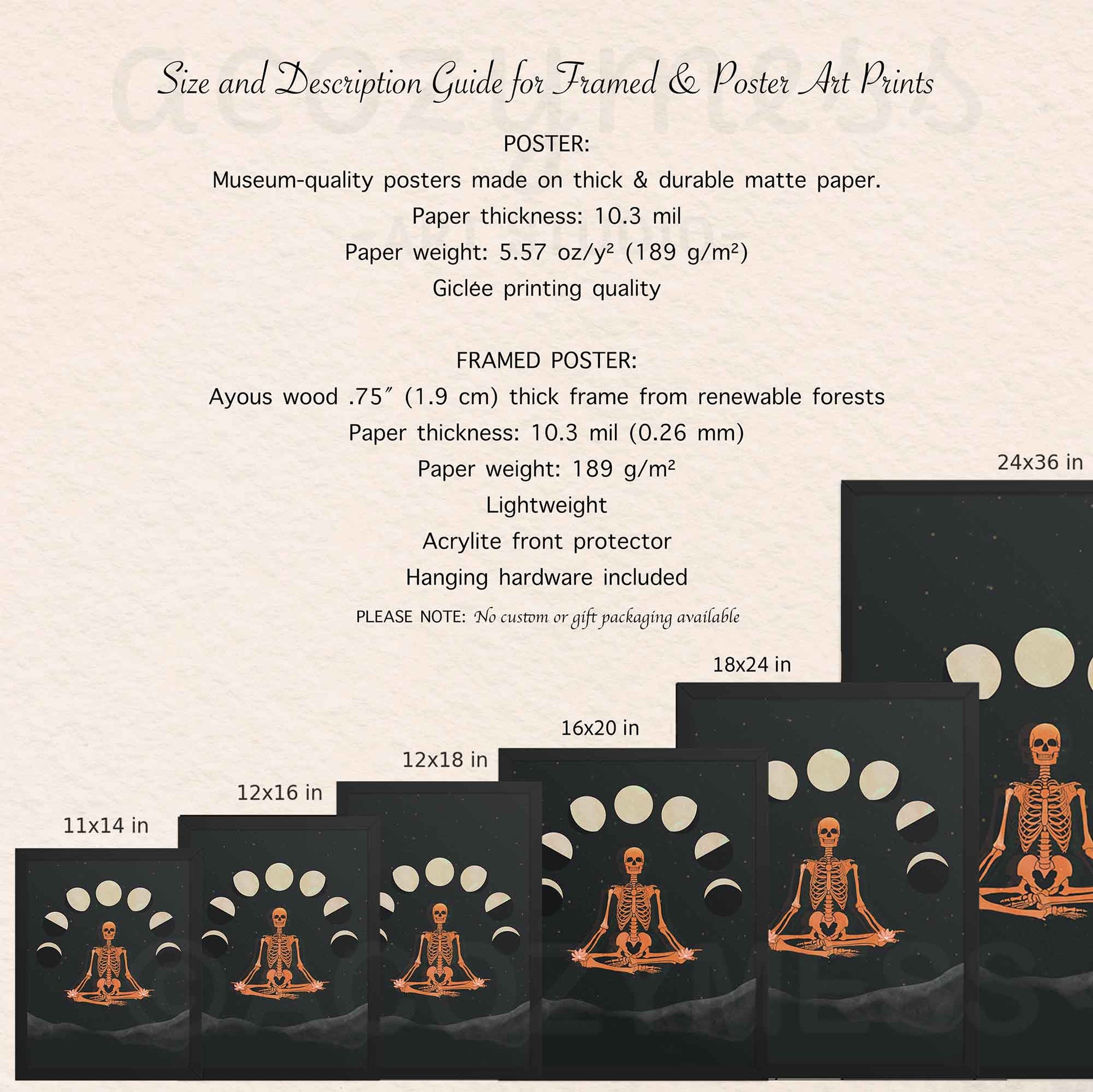 Poster layout showing dimensions and textured background with moon phase illustrations and meditating skeleton figure.