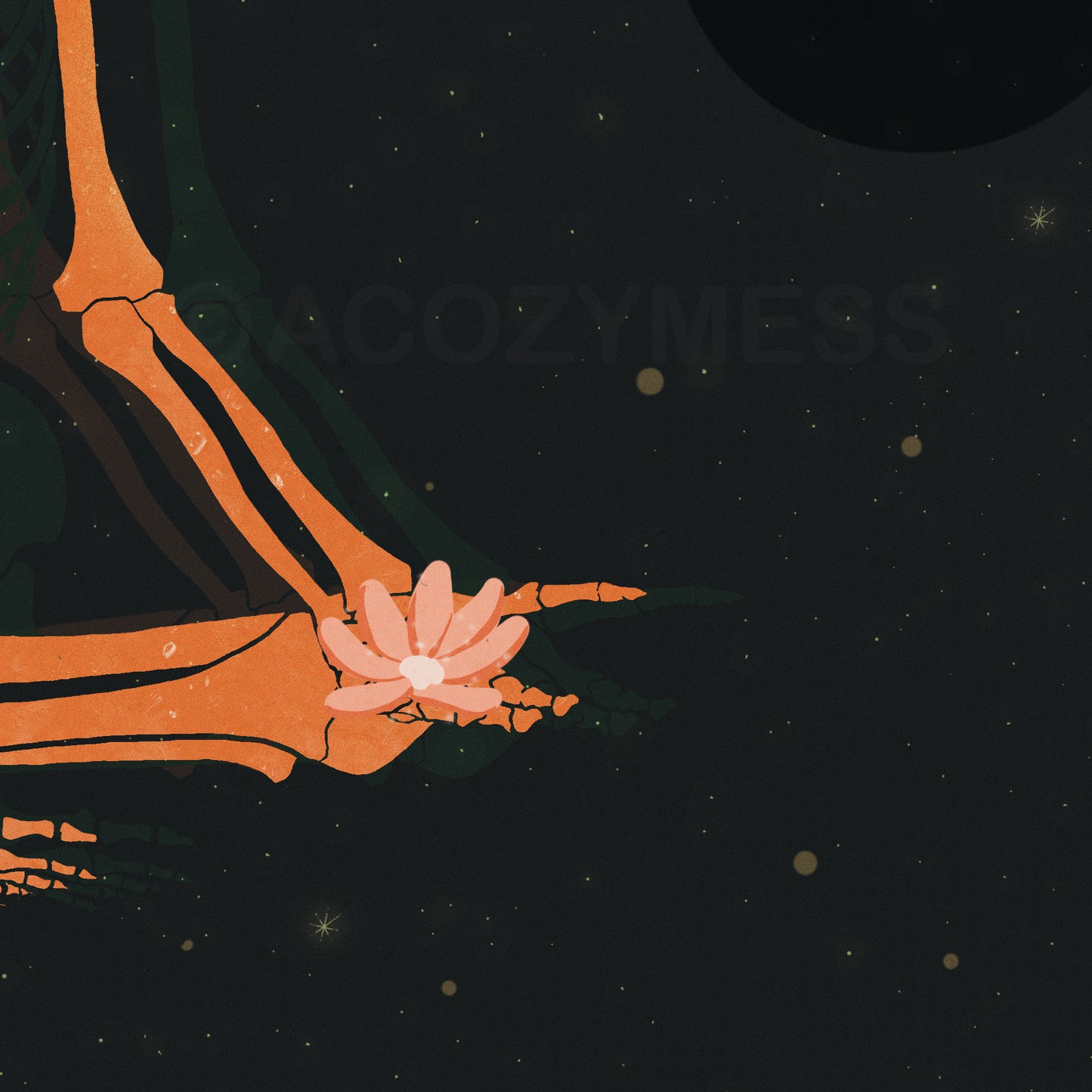 Close-up of a meditating skeleton seated cross-legged beneath moon phases, with celestial detailing