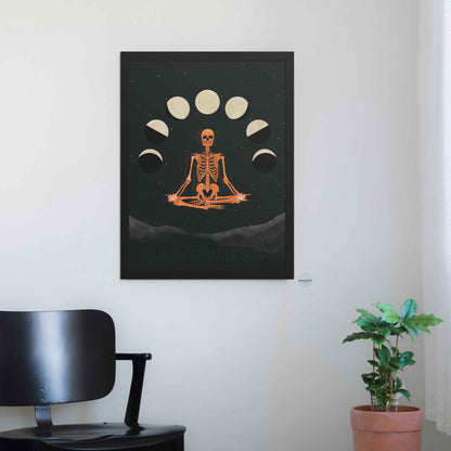Spiritual skeleton wall art with moon cycles in black frame, for mindful and interesting wall decor