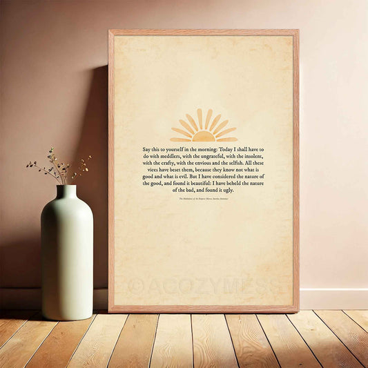 A oakwood-framed poster featuring a Marcus Aurelius quote on a beige old-paper background, accompanied by a sun illustration. The design evokes a timeless, vintage aesthetic, symbolizing wisdom, resilience, and daily mindfulness, making it perfect for Stoic philosophy enthusiasts and inspirational decor.