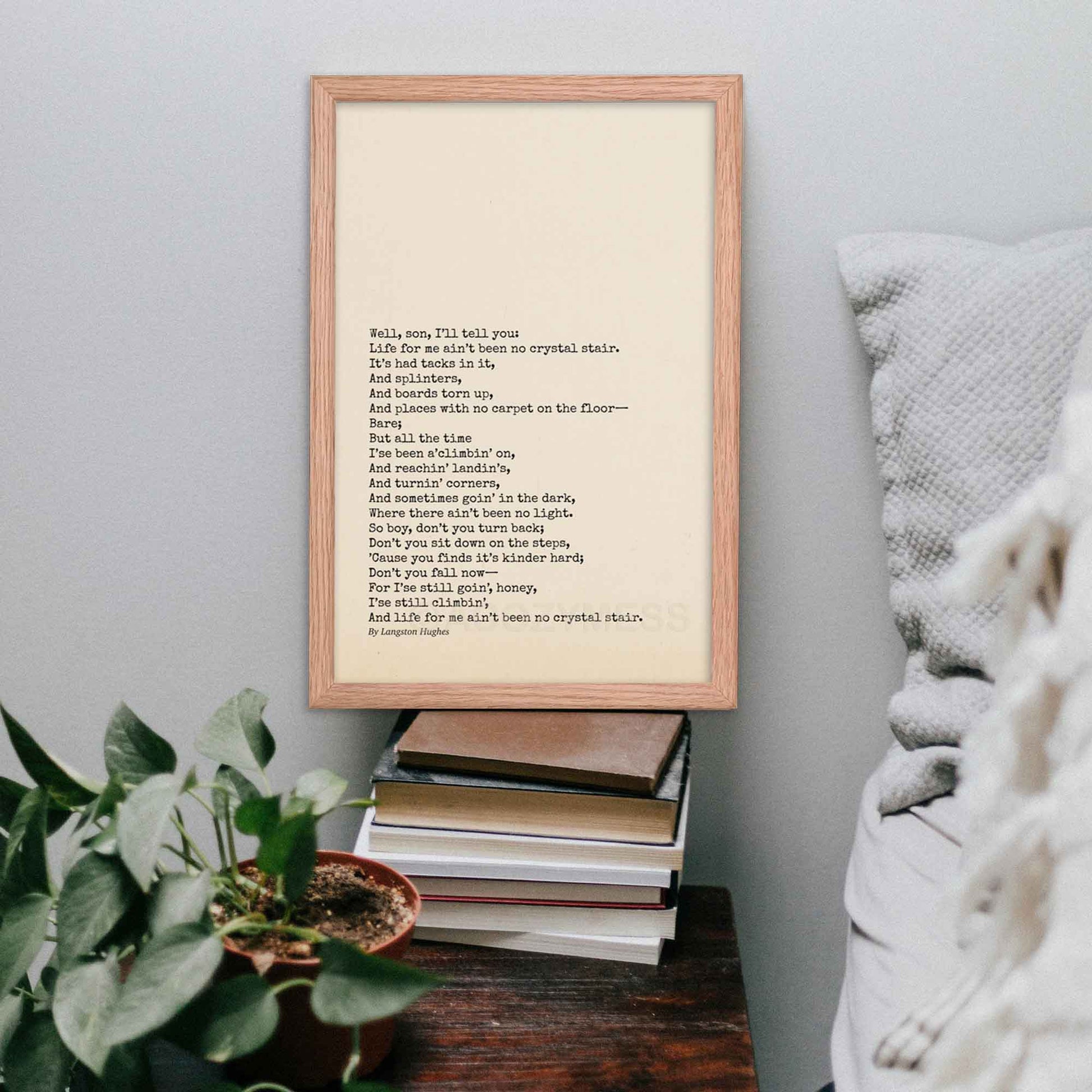 Mother to Son poem poster, an inspirational gift for son, featuring black text on beige background, framed in oakwood.