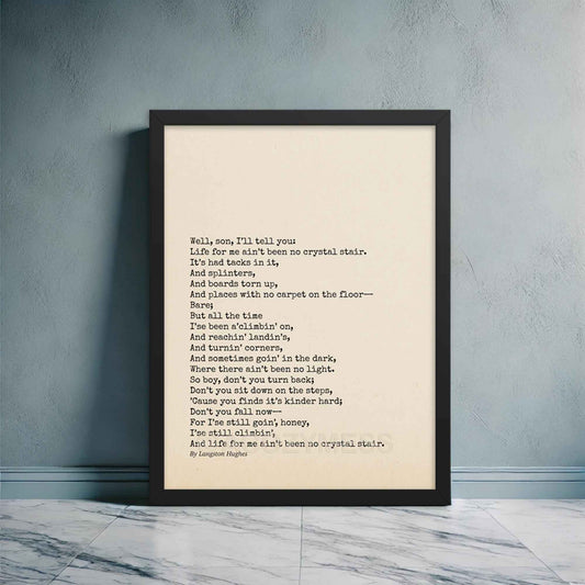 Mother to Son poem poster, an inspirational gift for son, featuring black text on beige background, framed in black.