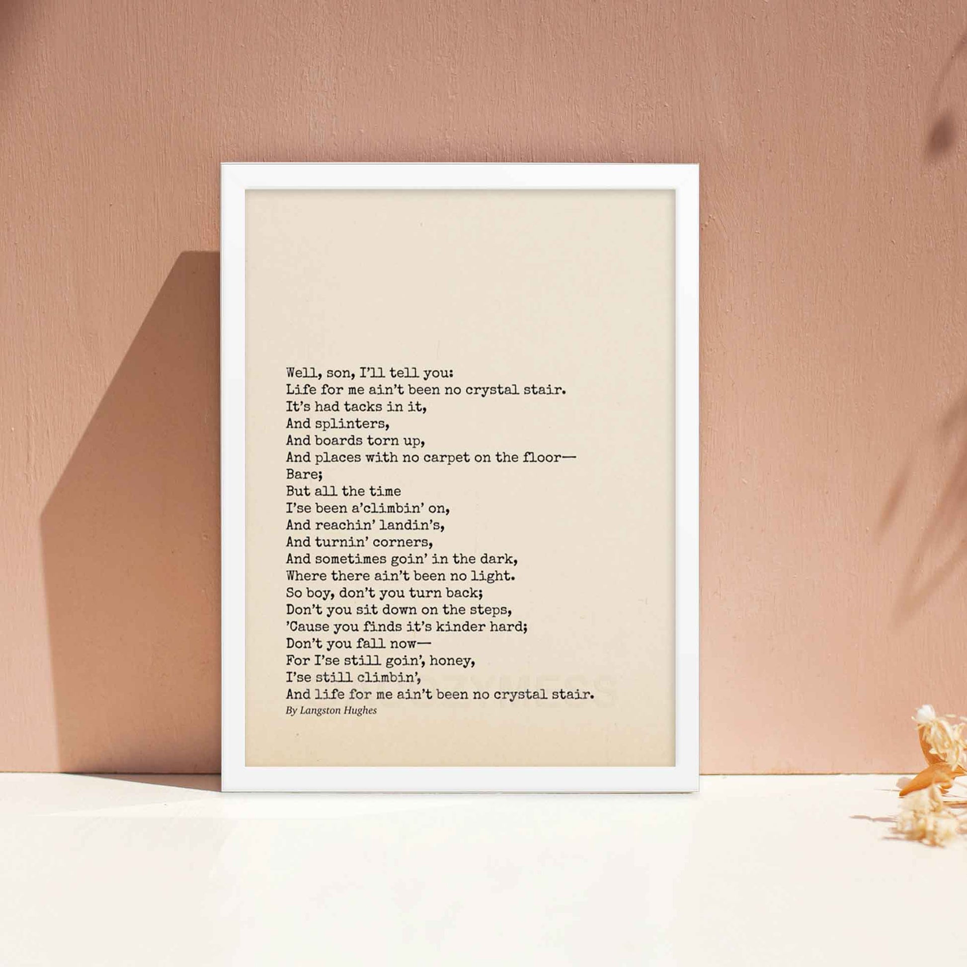 Mother to Son poem poster, an inspirational gift for son, featuring black text on beige background, framed in white.