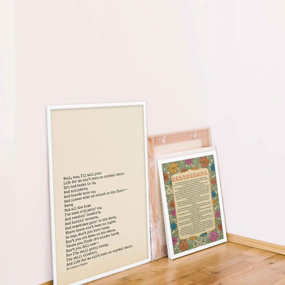 Mother to Son poem poster, an inspirational gift for son from mom, featuring black text on beige background, framed in white.